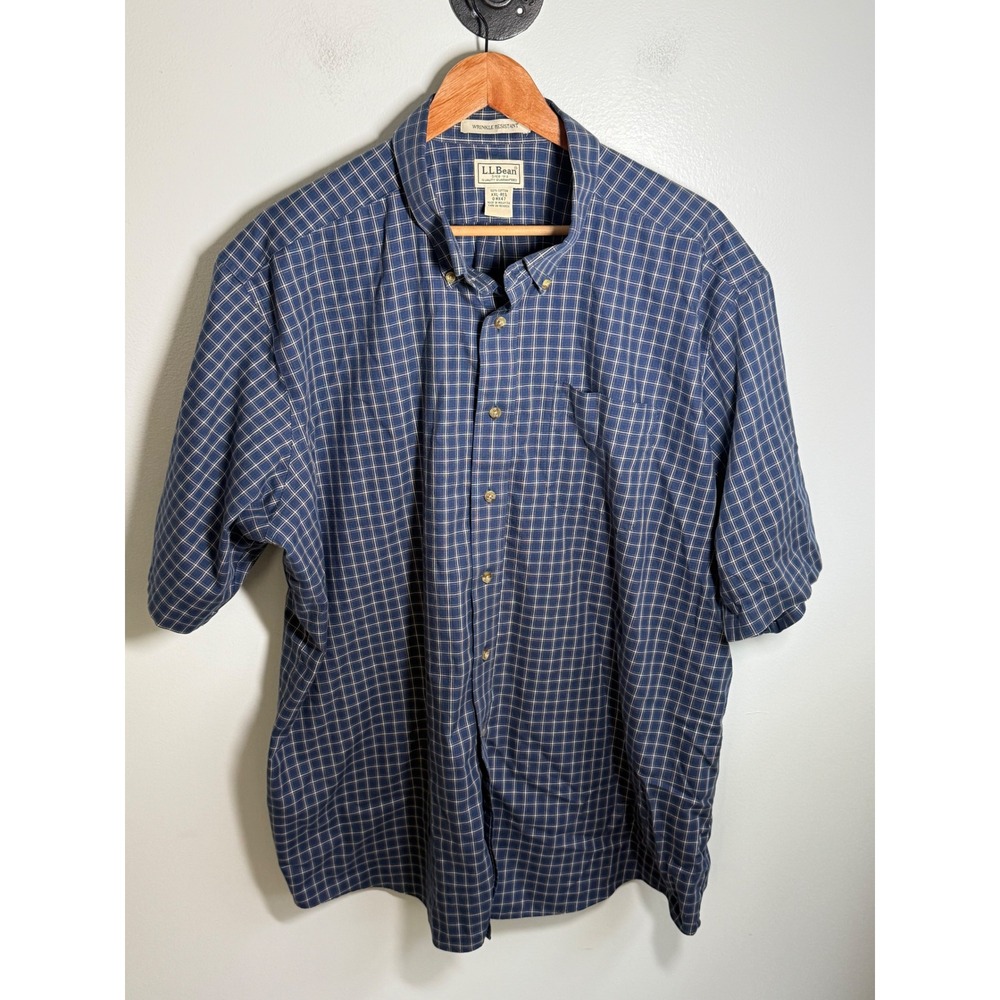 LL Bean Mens XXL Blue Plaid Wrinkle Resistant Short Sleeve Button Down Shirt